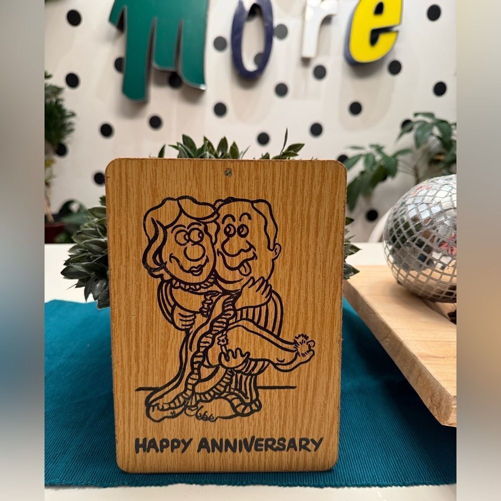 Vintage 1970s Kitschy Quirky Happy Anniversary Wooden Wall Decor Plaque